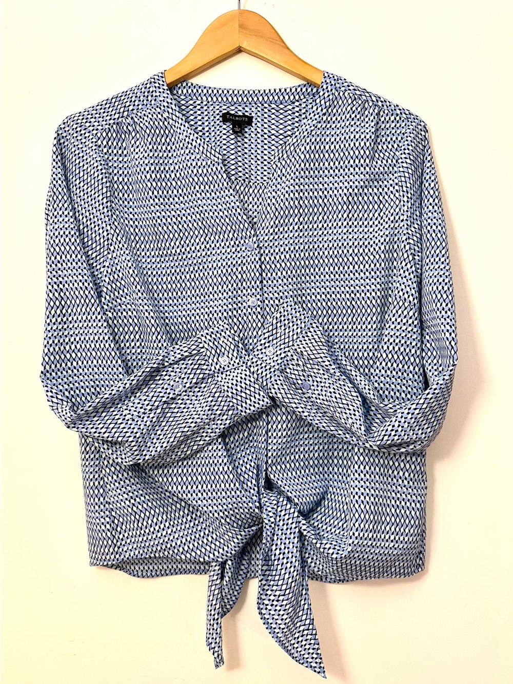 Talbots Navy and White Geometric Tie-Front Button Down Blouse